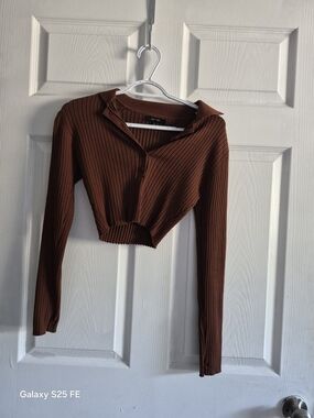 (S)Ribbed Cropped Polo Top - Brown